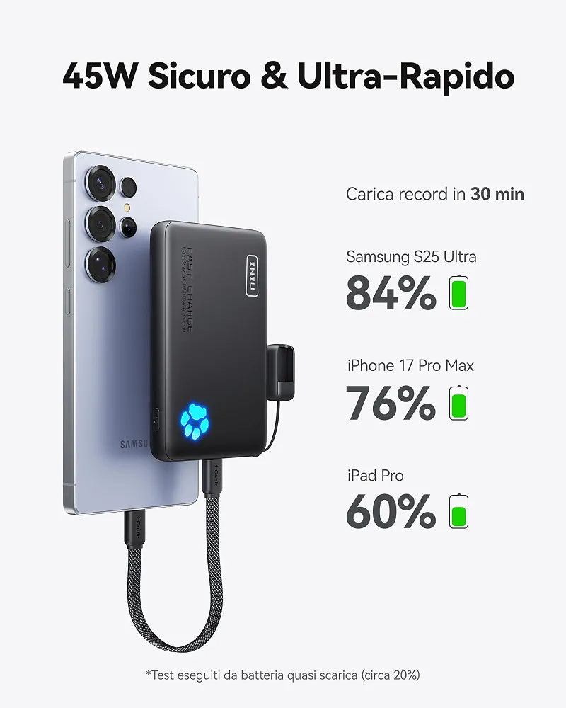 INIU Power Bank, Piccolo 45W Ricarica Rapida 10000mAh Caricatore Portatile Cavo USB C Staccabile, Idoneo per Volo, Travel Essenziali da Viaggio, Powerbank per iPhone 17 16, Samsung S25 Xiaomi iPad ecc