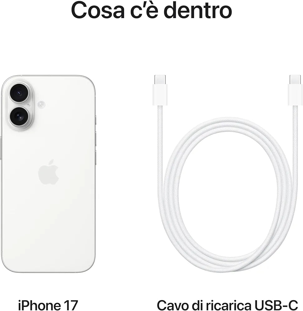Apple iPhone 17 256 GB: display 6,3" con ProMotion, chip A19, fotocamera frontale Center Stage per selfie di gruppo più facili, più resistenza ai graffi, un giorno intero di batteria; Bianco