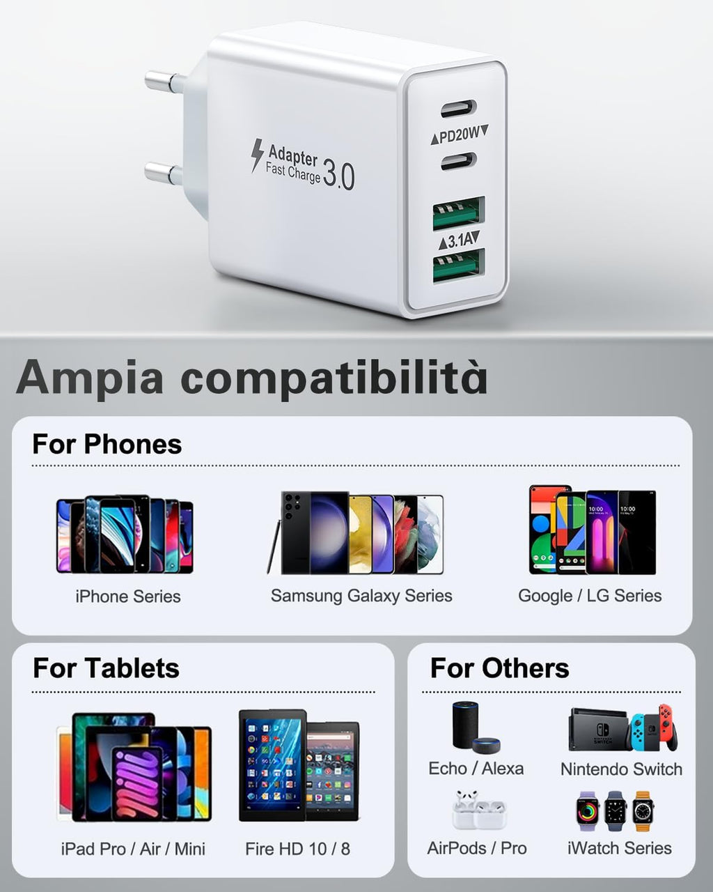 Caricatore USB C Presa, 40W 4-Porto Alimentatore USB Multipla Ricarica Veloce Caricabatterie Spinotto Multiplo Carica Spina Rapido Caricatore per iPhone 17 16 15 14 13 12 11 Pro Max Plus,Samsung