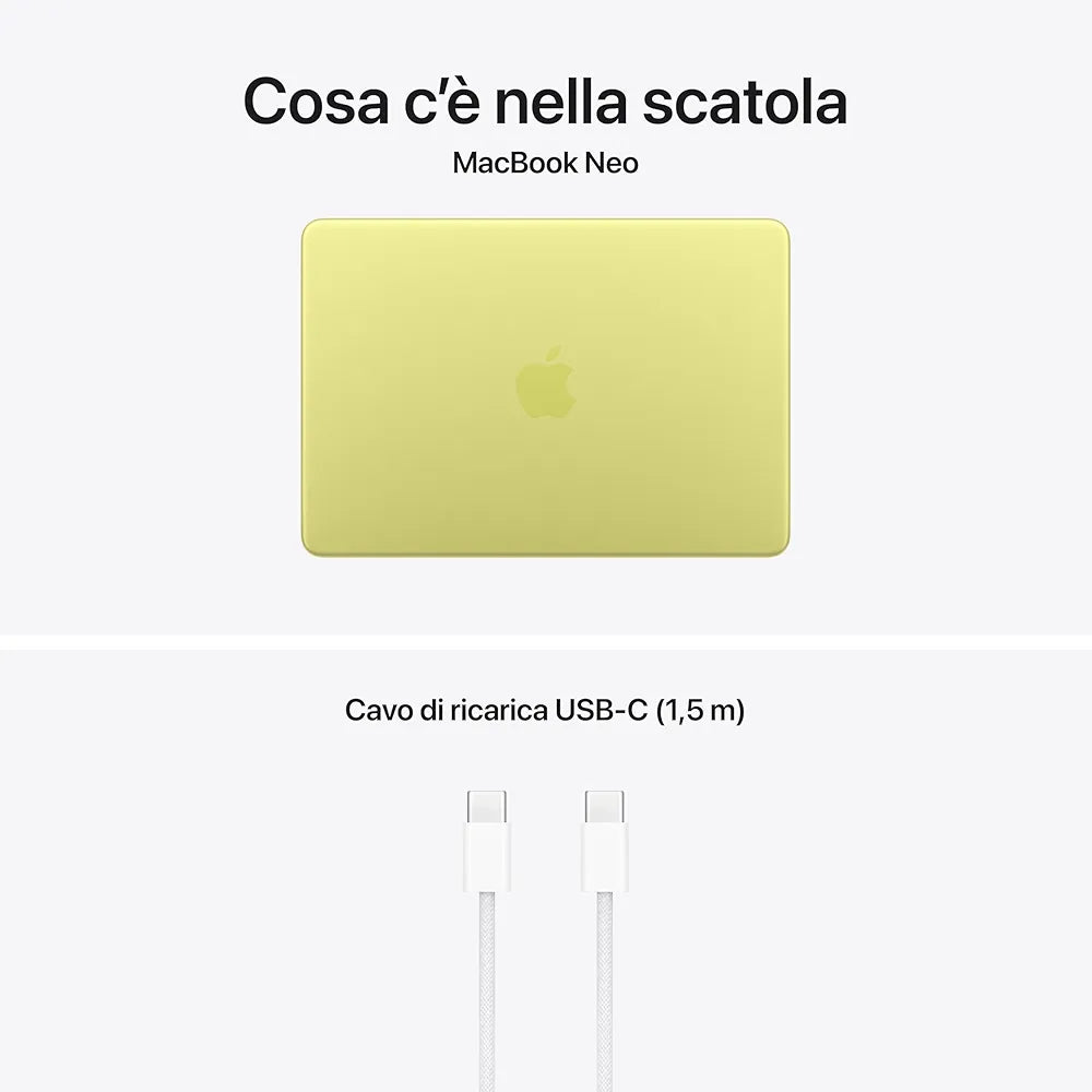 Apple MacBook Neo 13'' con chip A18 Pro: progettato per l’AI e Apple Intelligence, display Liquid Retina, 256GB di archiviazione SSD, videocamera FaceTime HD a 1080p – Giallo agrume