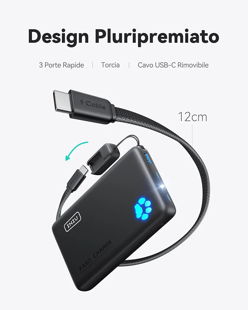 INIU Power Bank, Piccolo 45W Ricarica Rapida 10000mAh Caricatore Portatile Cavo USB C Staccabile, Idoneo per Volo, Travel Essenziali da Viaggio, Powerbank per iPhone 17 16, Samsung S25 Xiaomi iPad ecc