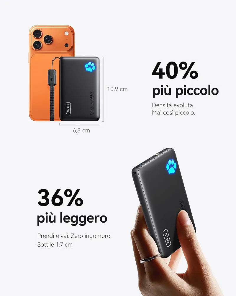 INIU Power Bank, Piccolo 45W Ricarica Rapida 10000mAh Caricatore Portatile Cavo USB C Staccabile, Idoneo per Volo, Travel Essenziali da Viaggio, Powerbank per iPhone 17 16, Samsung S25 Xiaomi iPad ecc