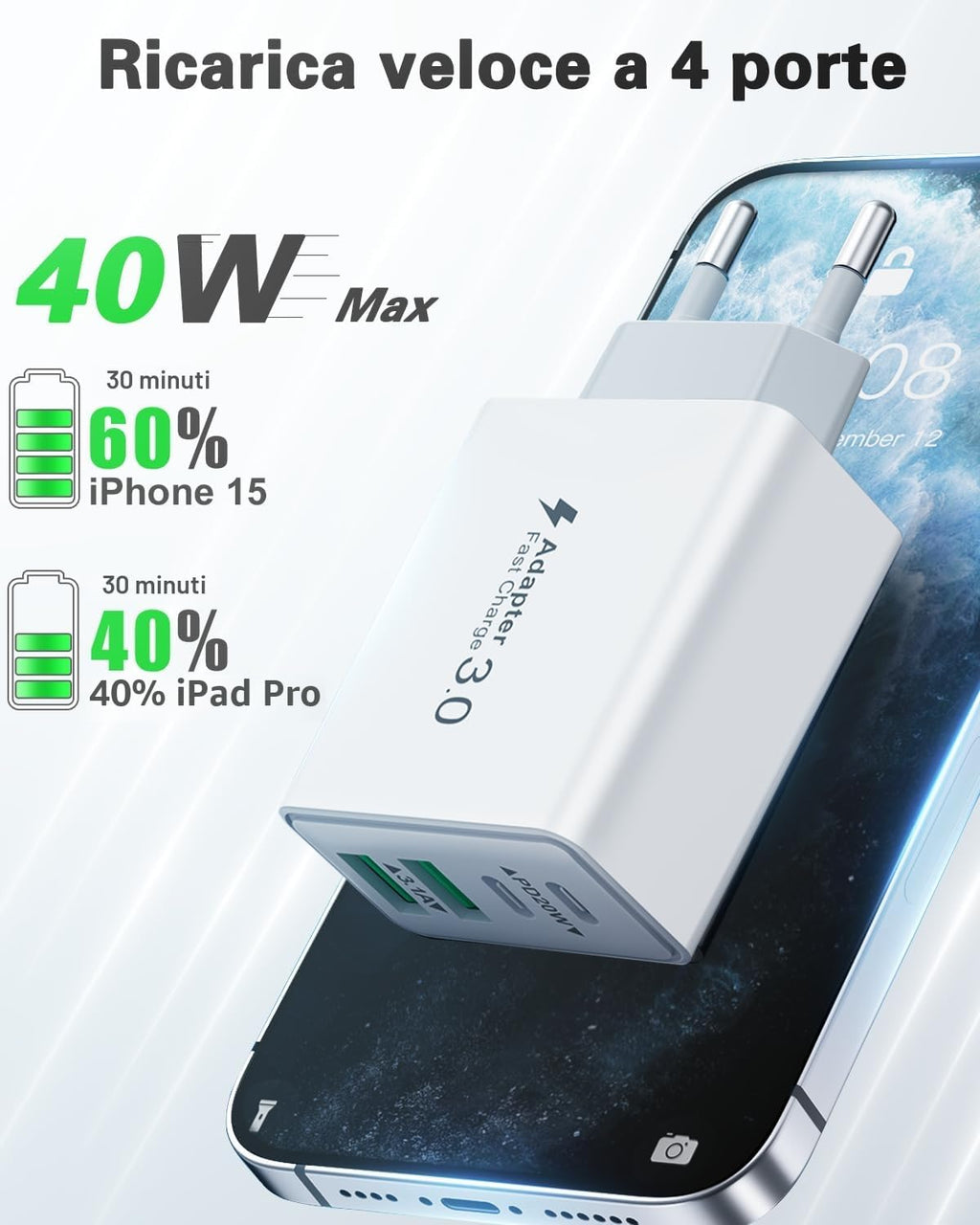 Caricatore USB C Presa, 40W 4-Porto Alimentatore USB Multipla Ricarica Veloce Caricabatterie Spinotto Multiplo Carica Spina Rapido Caricatore per iPhone 17 16 15 14 13 12 11 Pro Max Plus,Samsung