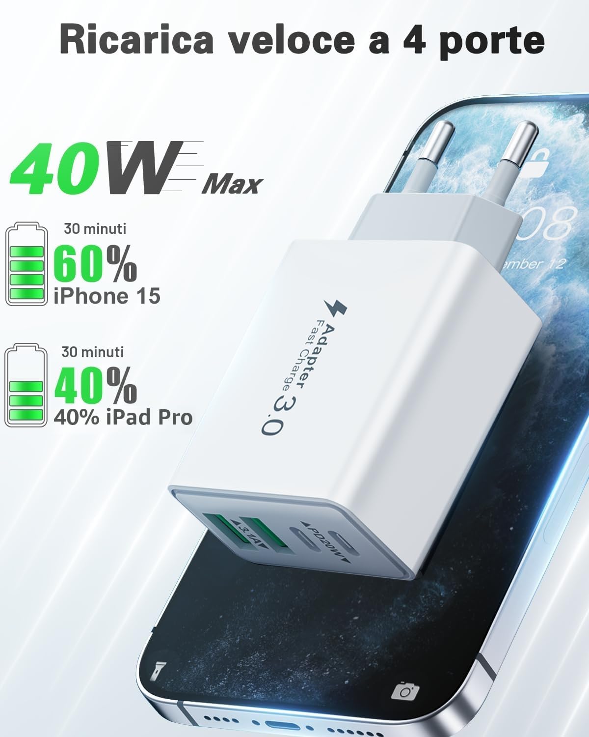 Caricatore USB C Presa, 40W 4-Porto Alimentatore USB Multipla Ricarica Veloce Caricabatterie Spinotto Multiplo Carica Spina Rapido Caricatore per iPhone 17 16 15 14 13 12 11 Pro Max Plus,Samsung