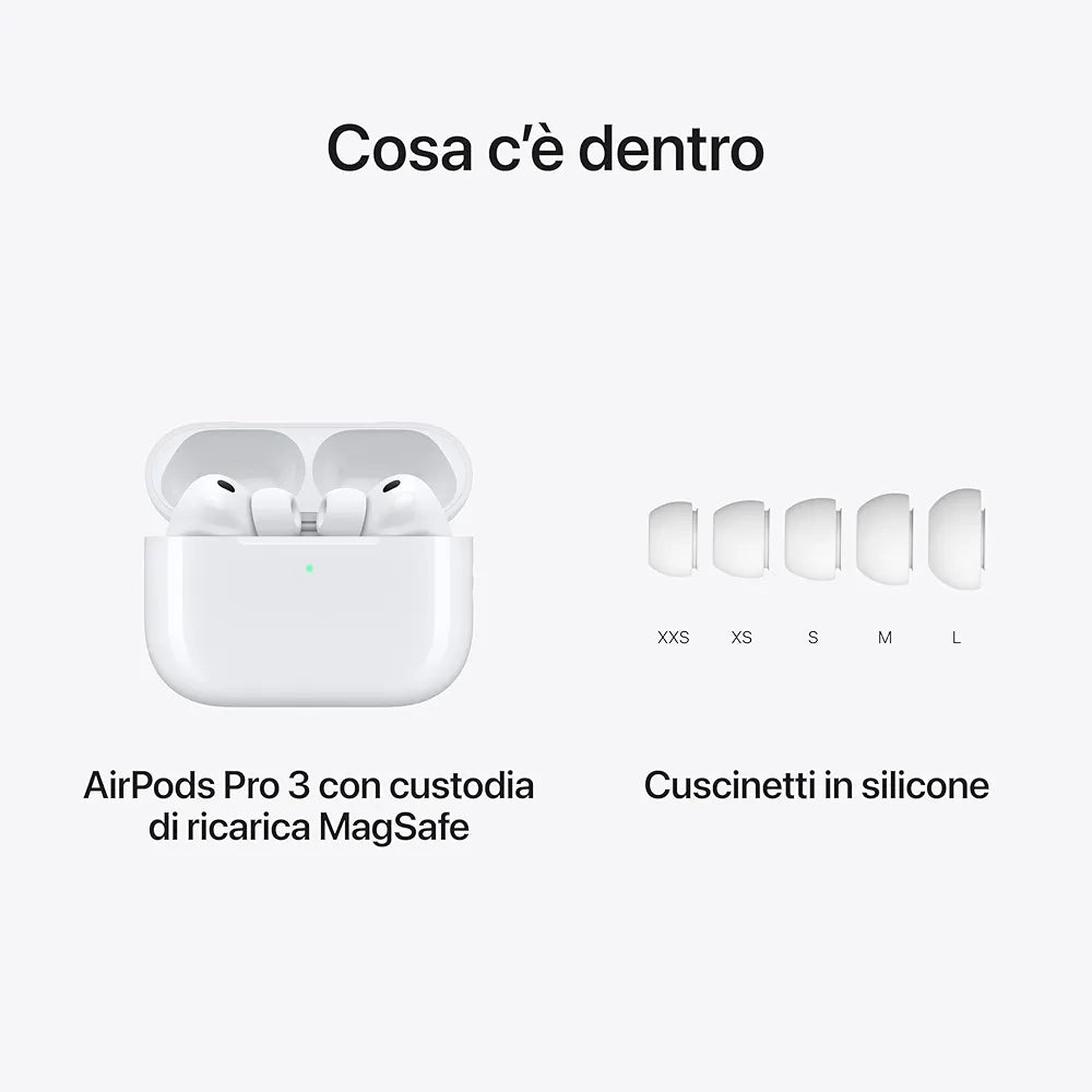 Apple AirPods Pro 3, Cancellazione attiva del rumore, Rilevamento della frequenza cardiaca, Cuffie Bluetooth, Audio spaziale, Suono ad alta fedeltà, Ricarica USB-C