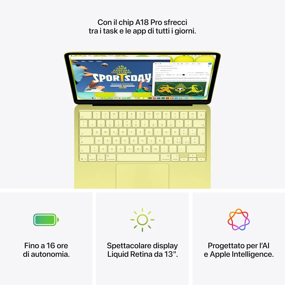 Apple MacBook Neo 13'' con chip A18 Pro: progettato per l’AI e Apple Intelligence, display Liquid Retina, 256GB di archiviazione SSD, videocamera FaceTime HD a 1080p – Giallo agrume