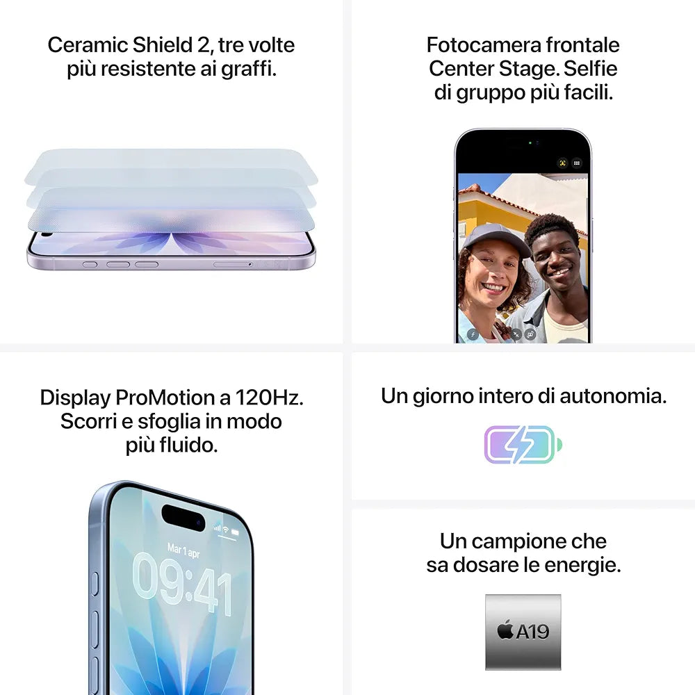 Apple iPhone 17 256 GB: display 6,3" con ProMotion, chip A19, fotocamera frontale Center Stage per selfie di gruppo più facili, più resistenza ai graffi, un giorno intero di batteria; Bianco