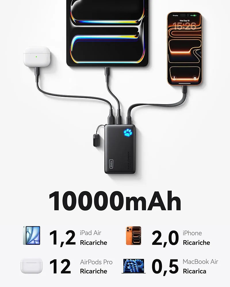 INIU Power Bank, Piccolo 45W Ricarica Rapida 10000mAh Caricatore Portatile Cavo USB C Staccabile, Idoneo per Volo, Travel Essenziali da Viaggio, Powerbank per iPhone 17 16, Samsung S25 Xiaomi iPad ecc