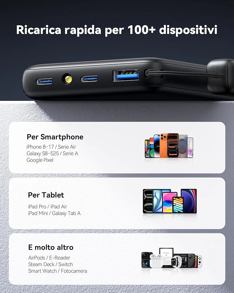 INIU Power Bank, Piccolo 45W Ricarica Rapida 10000mAh Caricatore Portatile Cavo USB C Staccabile, Idoneo per Volo, Travel Essenziali da Viaggio, Powerbank per iPhone 17 16, Samsung S25 Xiaomi iPad ecc