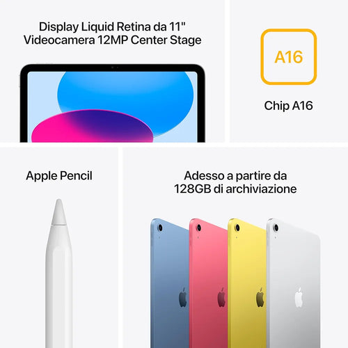 Apple iPad con chip A16: display Liquid Retina da 11'', 128 GB, Wi Fi 6, fotocamera frontale e posteriore da 12MP, Touch ID, autonomia di un giorno intero di batteria — Argento