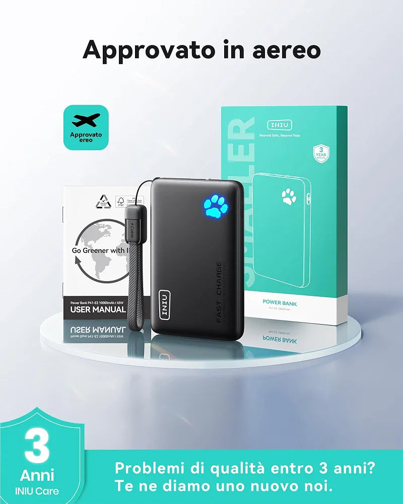 INIU Power Bank, Piccolo 45W Ricarica Rapida 10000mAh Caricatore Portatile Cavo USB C Staccabile, Idoneo per Volo, Travel Essenziali da Viaggio, Powerbank per iPhone 17 16, Samsung S25 Xiaomi iPad ecc