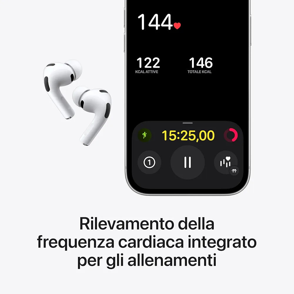 Apple AirPods Pro 3, Cancellazione attiva del rumore, Rilevamento della frequenza cardiaca, Cuffie Bluetooth, Audio spaziale, Suono ad alta fedeltà, Ricarica USB-C
