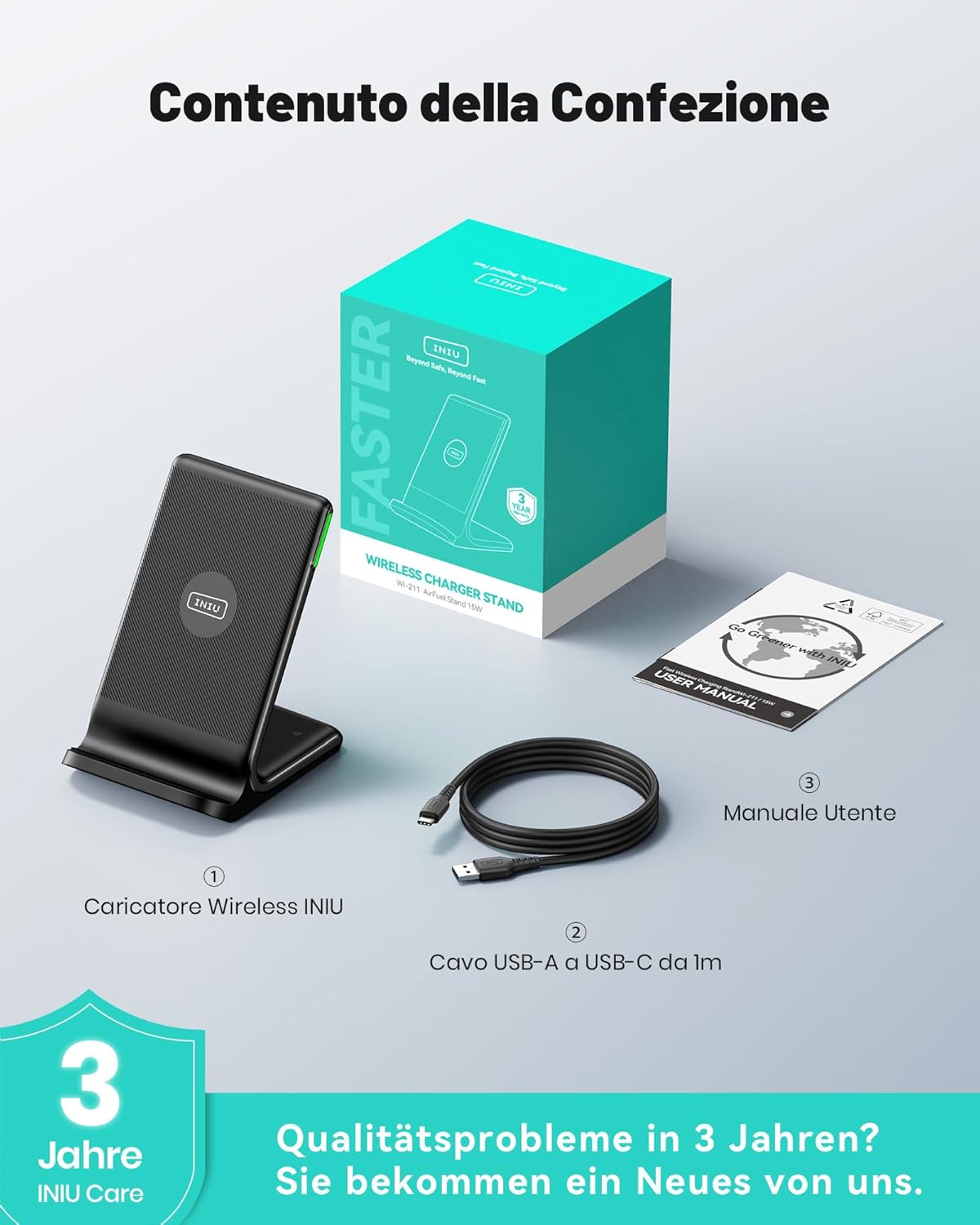 INIU Caricatore Wireless per iPhone, 15W Stazione di Ricarica Wireless con Luce Adattiv Supporto Telefono, Wireless Charger da Vaggio per iPhone 17 16 15 Pro Max Samsung S25 S24 Google Pixel etc